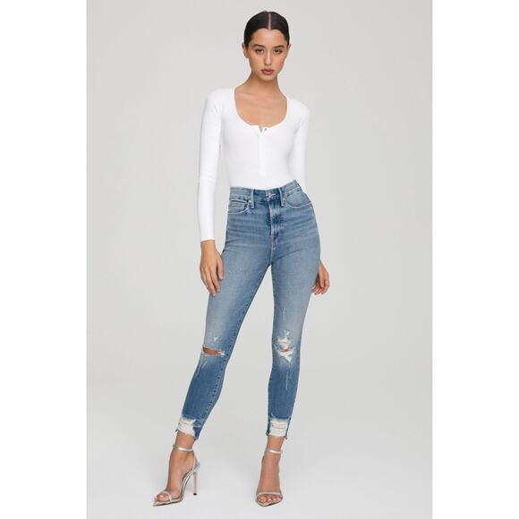 Good American Jeans 12 / 31 Good Waist Crop Chew Hem Jean High Rise Stretch - Picture 1 of 16